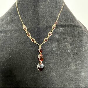 Victorian Gold Tone and Dark Red Necklace and Earring Set